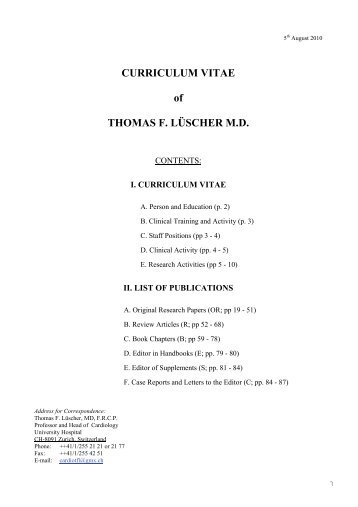 CURRICULUM VITAE of THOMAS F. LÜSCHER M.D. - Klinik für ...