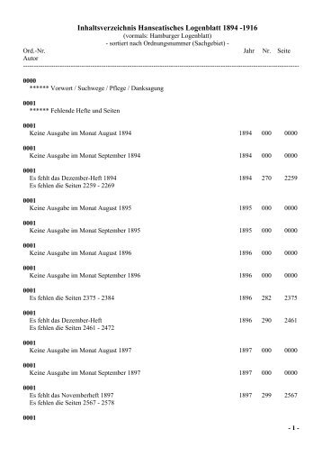 Inhaltsverzeichnis Hanseatisches Logenblatt 1894 -1916