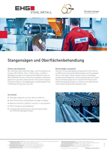 EHG Datenblatt zu Anarbeitung Stangensägen und Oberflächenbehandlung