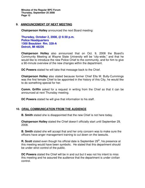 BOARD OF POLICE COMMISSIONERS Minutes of ... - City of Detroit