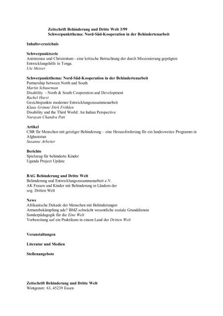 Zeitschrift Behinderung und Dritte Welt 3/99 Schwerpunktthema ...