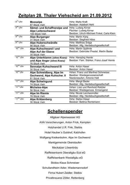 Zeitplan 28. Thaler Viehscheid am 21.09.2012