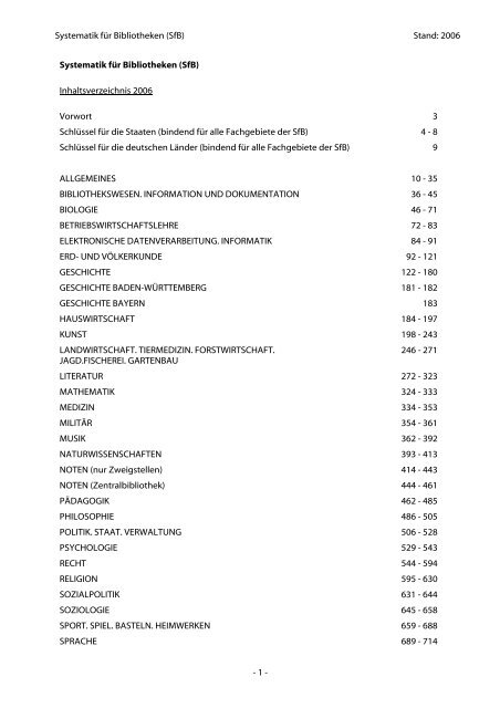 Systematik für Bibliotheken (SfB) Stand: 2006 Systematik für ... - Ulm