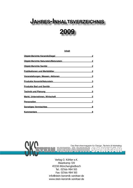 Jahres-InhaltsverzeIchnIs 2009 - Stein Keramik Sanitär
