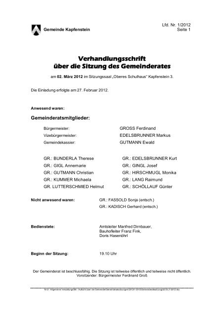 Verhandlungsschrift über die Sitzung des Gemeinderates