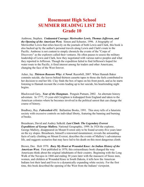 Rosemount High School Summer Reading List 2012 Grade 10