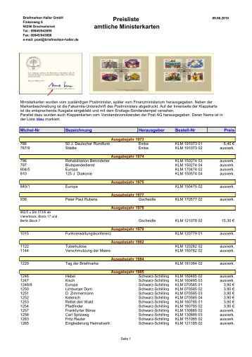 Preisliste amtliche Ministerkarten - Briefmarken HALLER