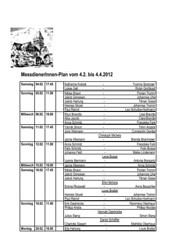 MessdienerInnen-Plan vom 4.2. bis 4.4.2012 - St. Peter und Paul