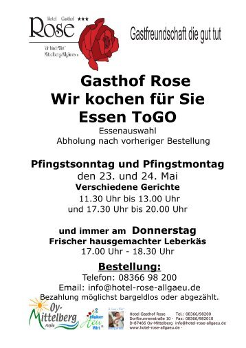 Essen zum Mitnehmen, bestellen, Wir kochen für sie, Essen "To Go", Essen zum Abholen,  https://www.hotel-rose-allgaeu.de