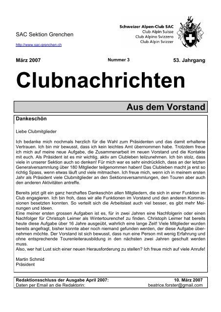 Clubnachrichten Aus dem Vorstand - SAC Sektion Grenchen