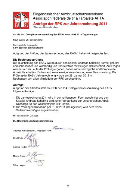 Anträge der RPK zur Jahresrechnung 2011 - EASV