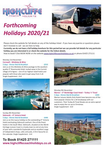 Highcliffe Coach Holidays - Forthcoming Holidays - 2020-21