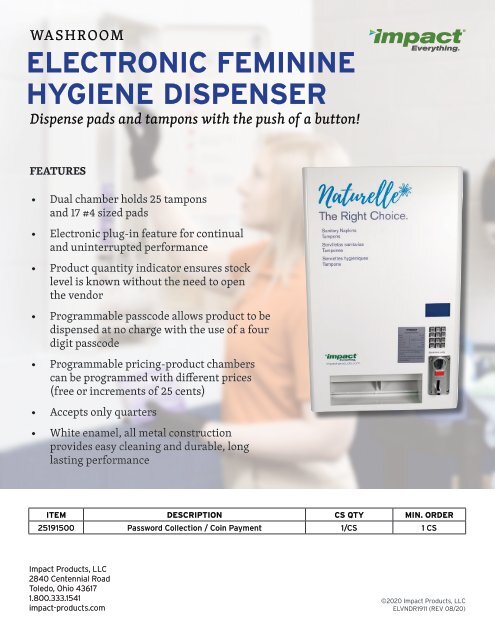 25191500 Electronic Feminine Hygiene Dispenser (ELVNDR1911)