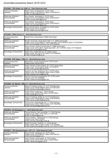 - 1 - Anschriftenverzeichnis Stand: 20.07.2012 - SportEngine