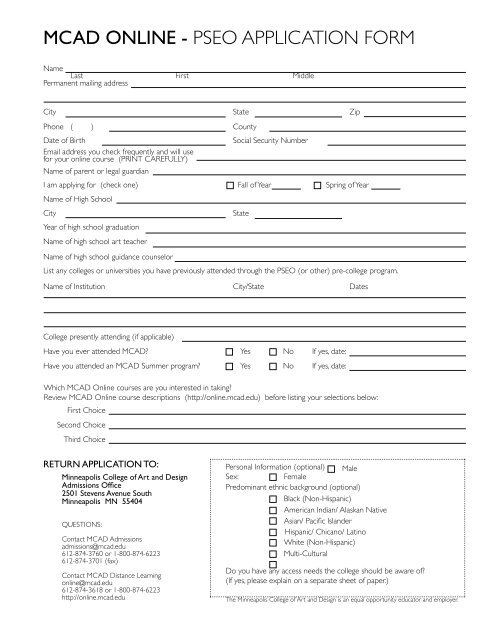 MCAD Online PSEO Application Form - Minneapolis College of Art ...