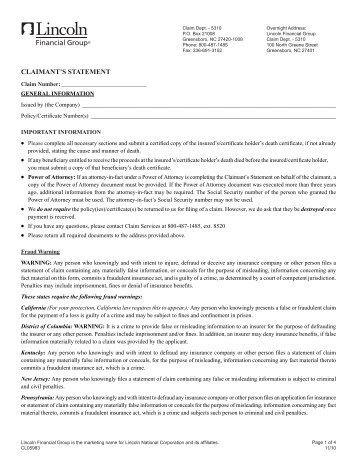 CLAIMANT'S STATEMENT - Lincoln Financial Group