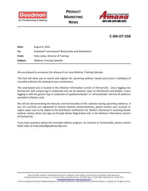 558-C-GN-OT-558_IND Webinar Calendar - Goodman Manufacturing