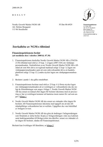 Återkallelse av NGM:s tillstånd - Finansinspektionen