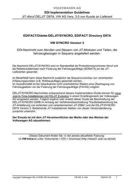 VOLKSWAGEN AG EDI Implementation Guidelines JiT-Abruf ...