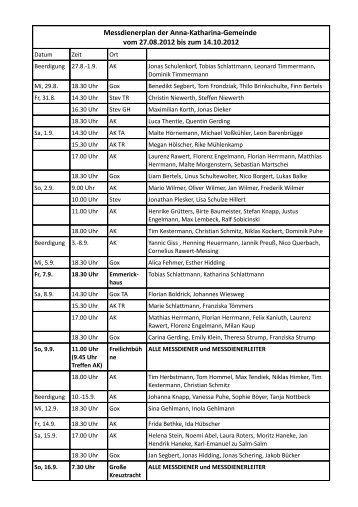 Messdienerplan der Anna-Katharina-Gemeinde