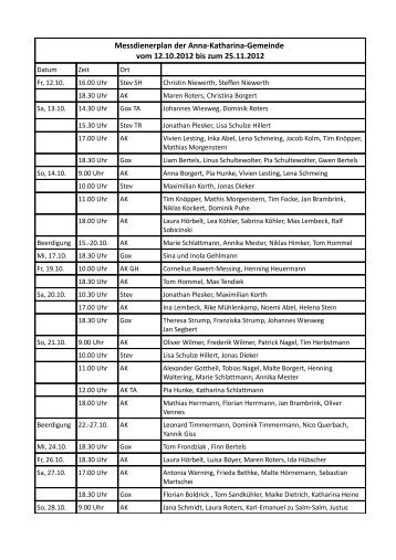 Messdienerplan der Anna-Katharina-Gemeinde vom 12.10.2012 bis ...