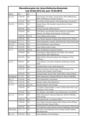 Messdienerplan der Anna-Katharina-Gemeinde vom 25.02.2012 bis ...