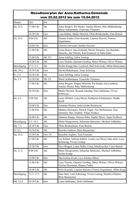 Messdienerplan der Anna-Katharina-Gemeinde vom 25.02.2012 bis ...