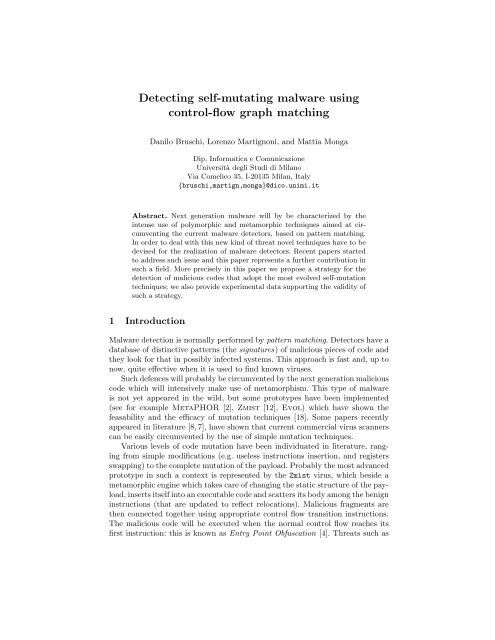 Detecting self-mutating malware using control-flow graph matching