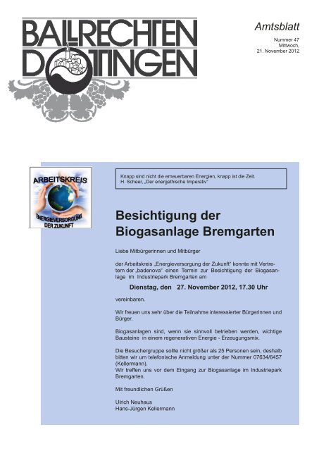 Besichtigung der Biogasanlage Bremgarten - Ballrechten-Dottingen