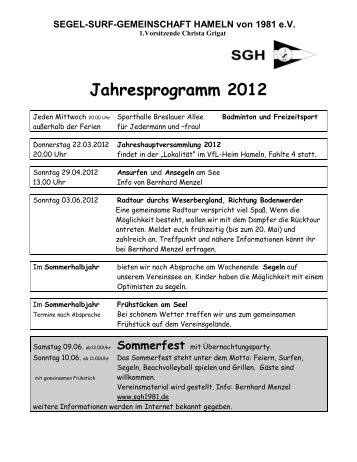Jahresprogramm 2012 - Segel Surf Gemeinschaft Hameln von 1981 ...