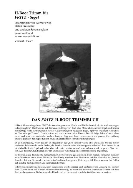 H Boot Trimm Für Fritz Segel Das Fritz H Boot Trimmbuch