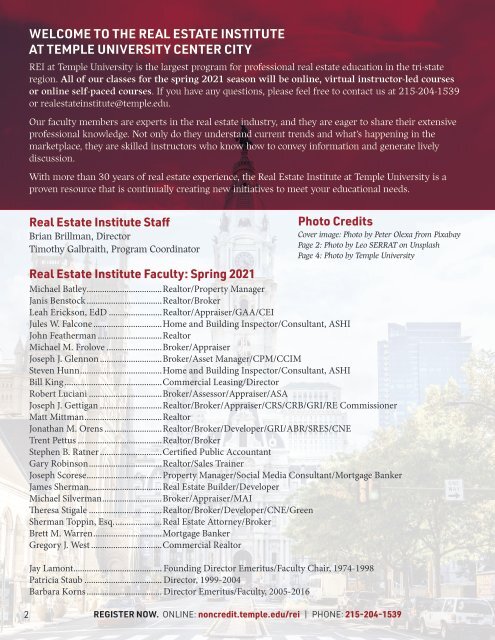 Real Estate Institute at Temple University - Spring 2021 Brochure