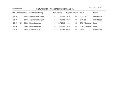 Prüfungsplan - Aushang: Studiengang A - Hochschule Aalen