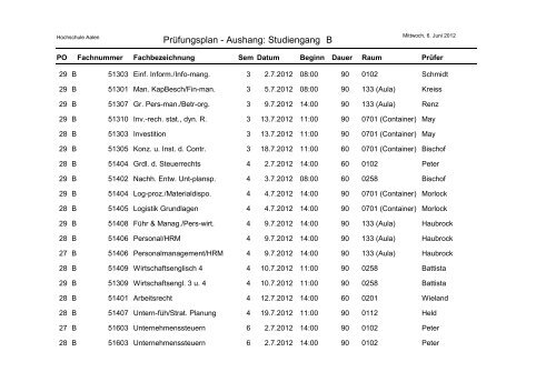 Prüfungsplan - Aushang: Studiengang A - Hochschule Aalen