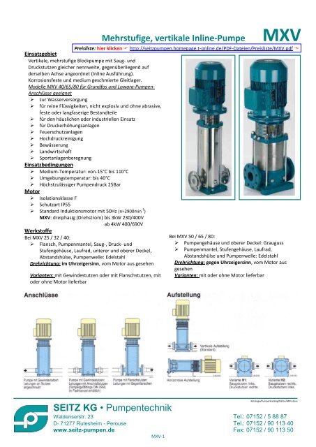 MXV Mehrstufige, vertikale Inline-Pumpe - Seitz KG