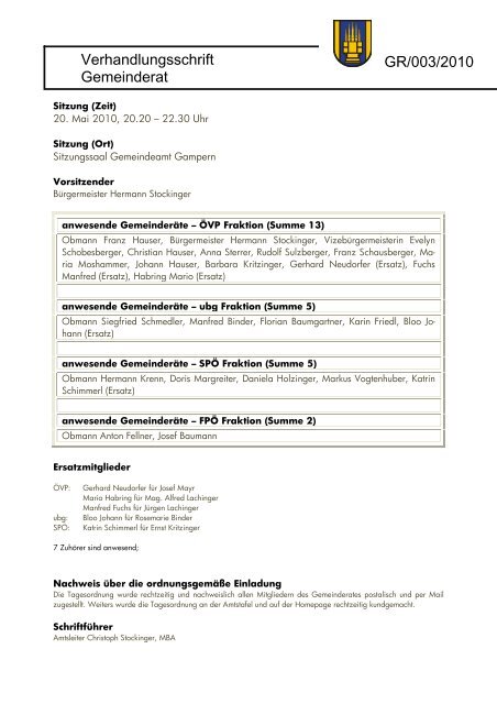 Verhandlungsschrift Gemeinderat GR/003/2010 - auf der Homepage ...