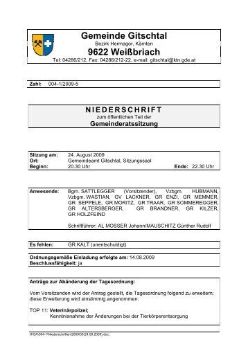 Niederschrift der Gemeindratssitzung vom 24.08.2009 - Gitschtal