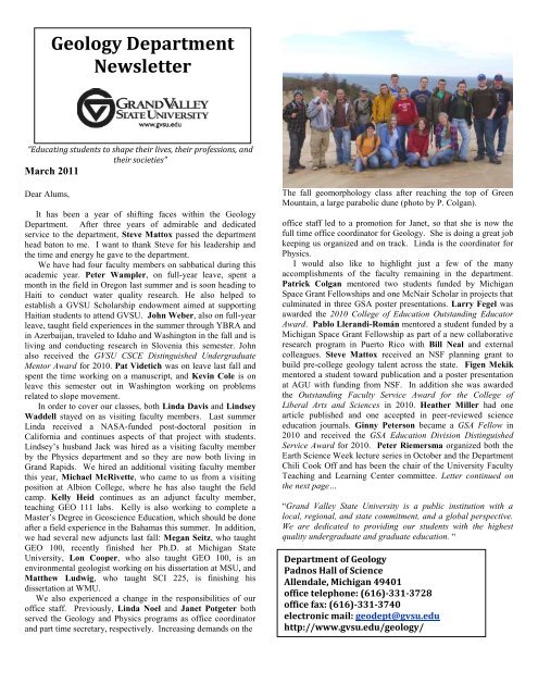 Geology Department Newsletter - Grand Valley State University