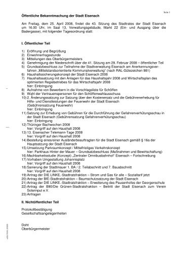 Sitzung April 2008 - Tagesordnung und Beschlussvorlagen - Eisenach