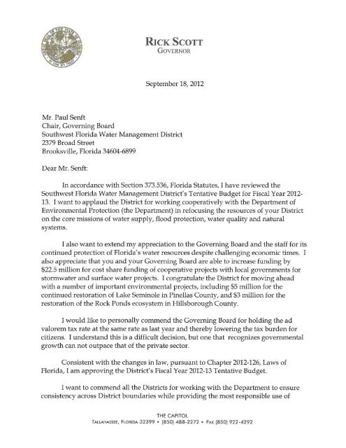 Budget Approval Letter from Governor Scott (September 18