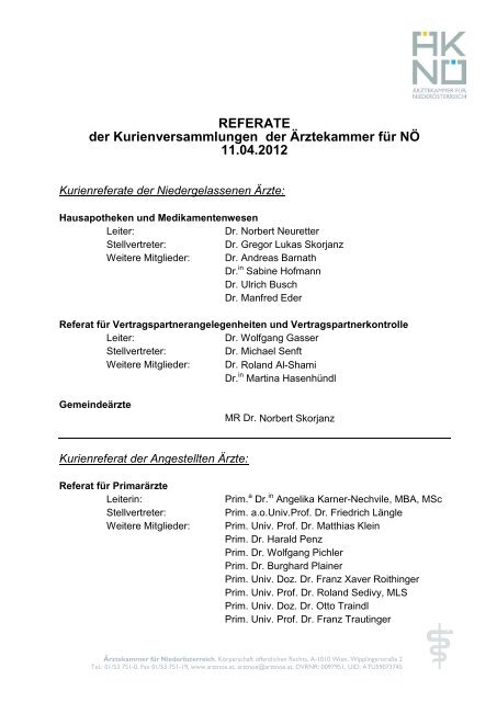 REFERATE der Kurienversammlungen der Ärztekammer für NÖ ...