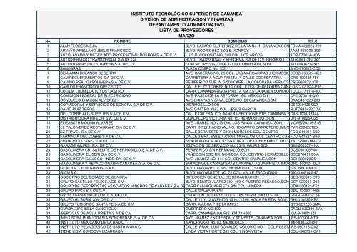 Lista de Proveedores Marzo 2011 - Gobierno del Estado de Sonora