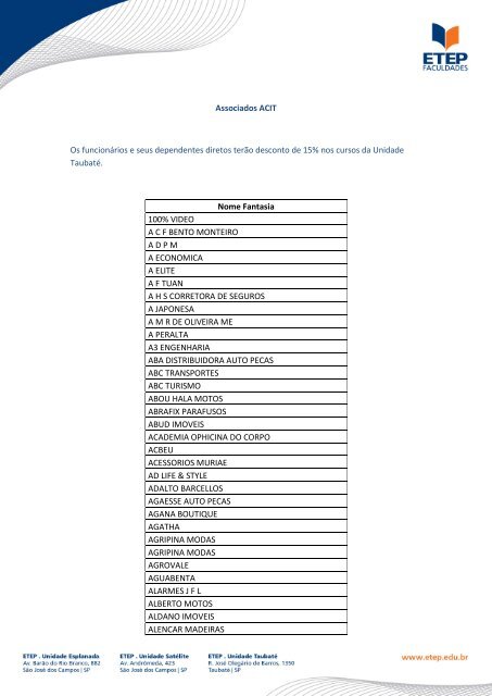 Empresas conveniadas ACIT - Etep