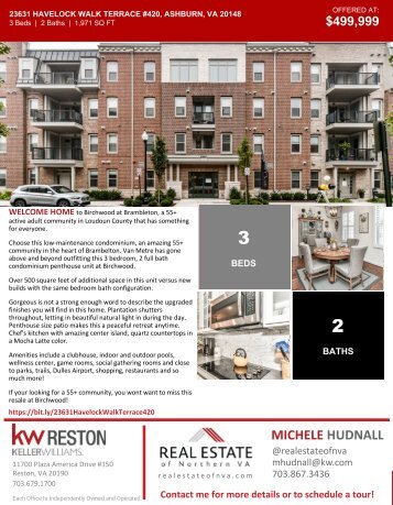 2020-1107 - OH - Ashburn Virginia - Condo 55+ - 23631 Havelock Walk Terrace #420 - Brochure - Northern Virginia Real Estate - Michele Hudnall