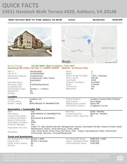 2020-1107 - OH - Ashburn Virginia - Condo 55+ - 23631 Havelock Walk Terrace #420 - Brochure - Northern Virginia Real Estate - Michele Hudnall