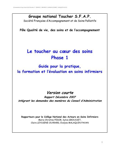 Le toucher au cœur des soins Phase 1 - SFAP