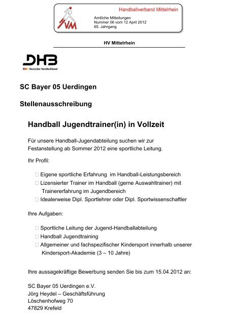 Handball Jugendtrainer(in) in Vollzeit - Handballkreis Köln/Rheinberg