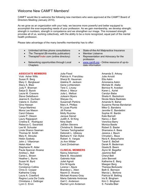 Welcome New Camft Members