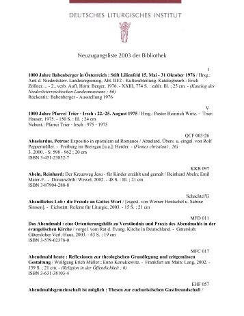 Neuzugangsliste 2003 der Bibliothek - Deutsches Liturgisches Institut