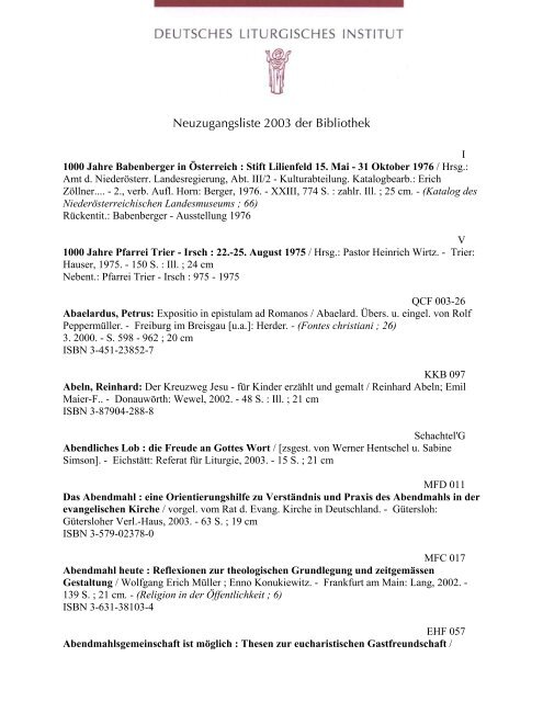 Neuzugangsliste 2003 Der Bibliothek Deutsches Liturgisches Institut